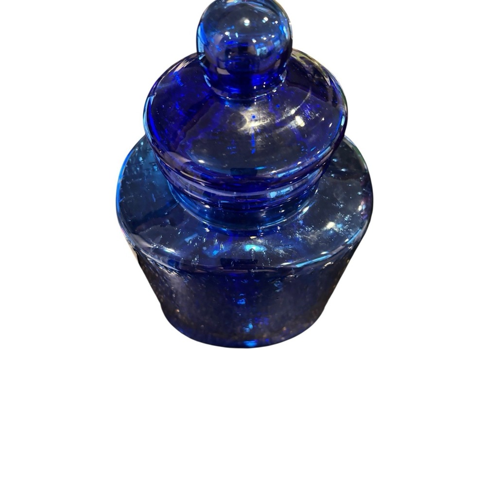 Mid Century Apothecary Jar Canister with Lid Blue Bubble Glass Hand Blown‎ 10" - Picture 6 of 9